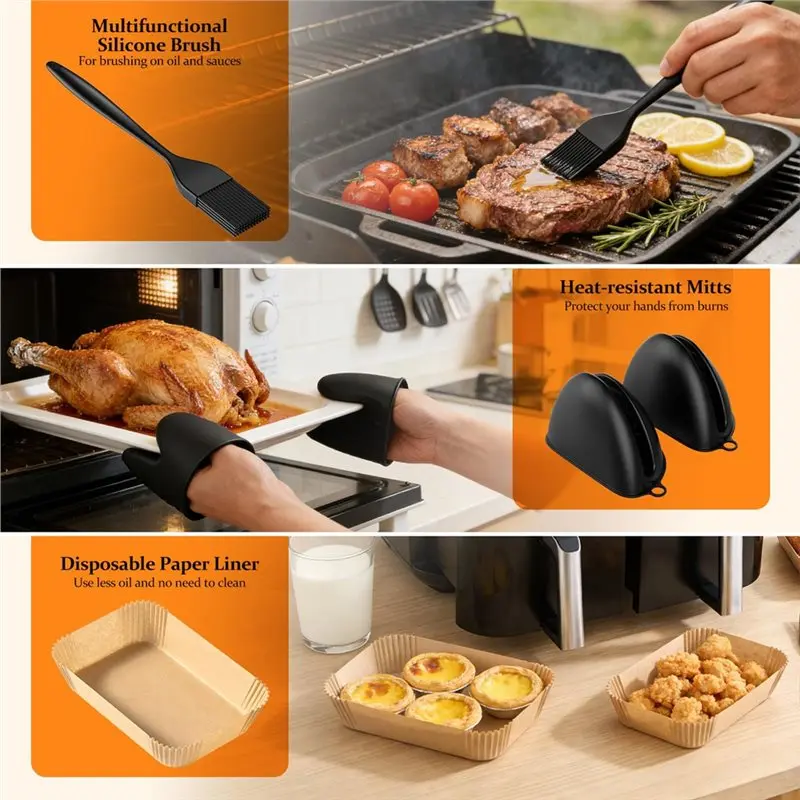【RAMADAN SALE】Air Fryer Liners, Silicone,Grilled Racks, Gloves, Oil Brush- Accessories(7.6L-9.5L) For Dual Air Fryers