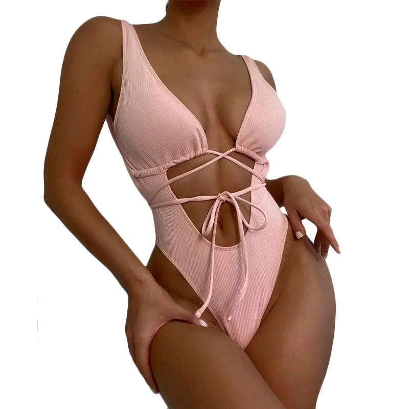 

Летний пляжный бикини женский купальник комплект купальников на шнуровке цельный серфинг с высокой талией розовый однотонный шнурок для отдыха и вечеринки