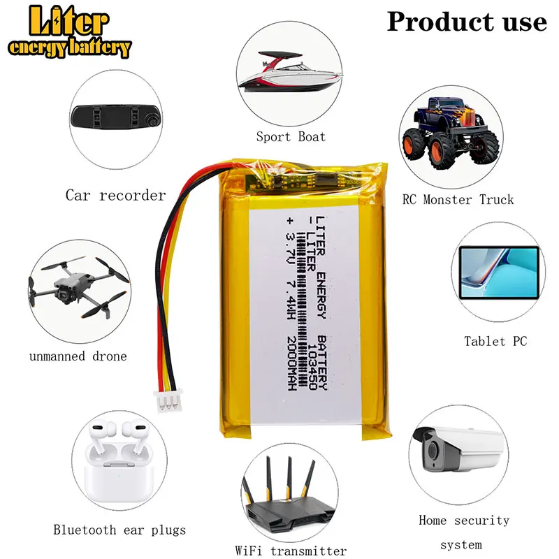 li-po 1.25mm connector 103450 3.7V 2000MAH lipo polymer lithium rechargeable battery GPS navigator DVD recorder headset e-book