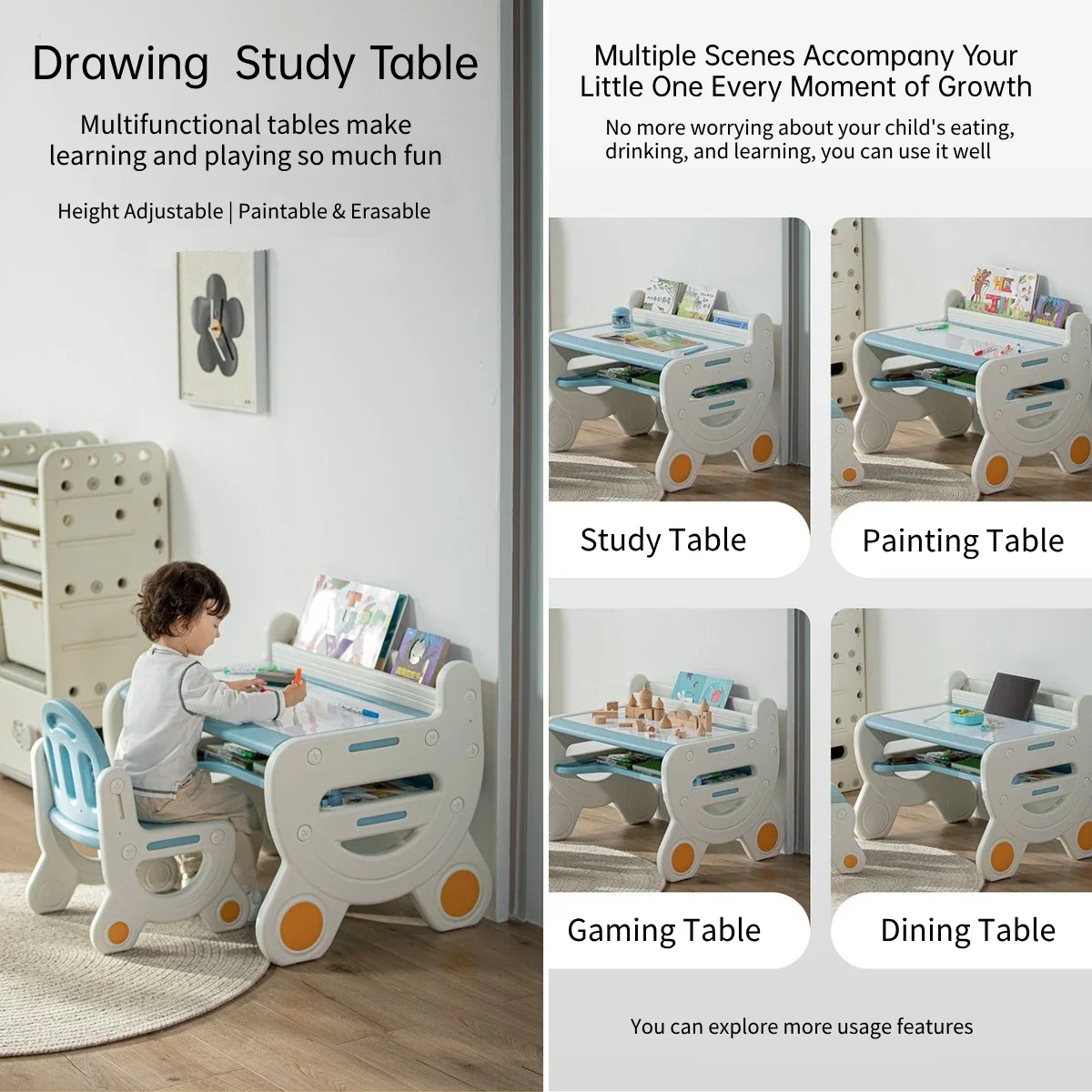 Kids Table and Chair Set for Drawing, Ideal Art Craft Table, Reading, Homework Desk for Toddlers with Storage, Furniture Set