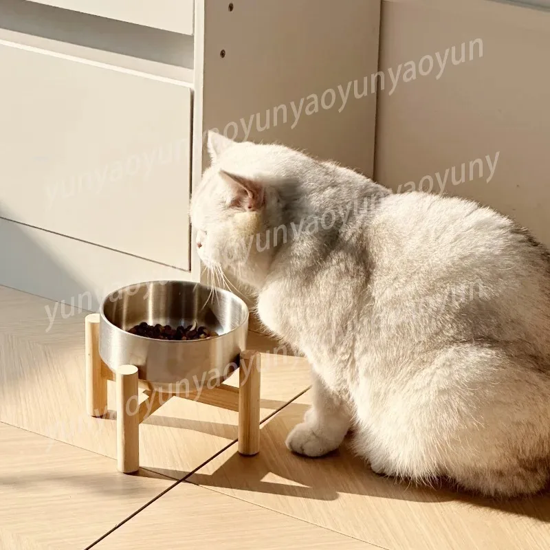 Stainless Steel Wooden Frame Cat Bowl Large-capacity Food Bowl Protecting Cervical Vertebrae Pet Feeding Supplies Accessories