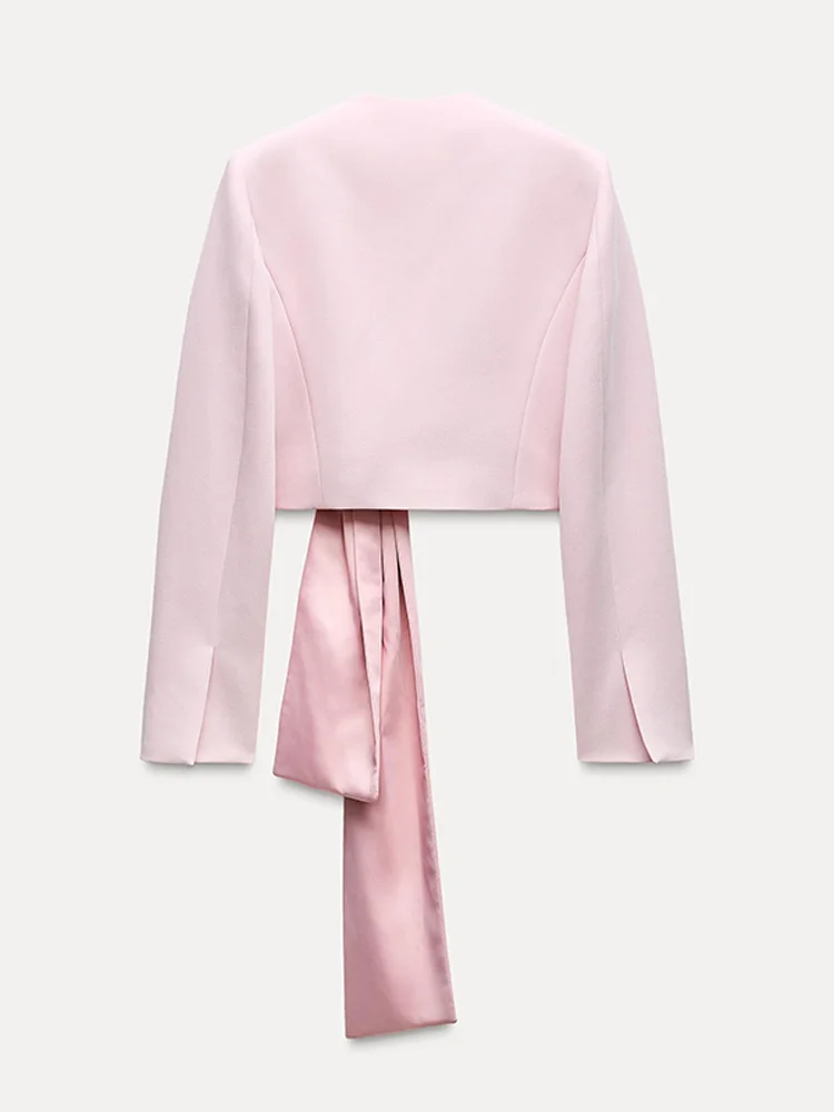 Süßes Mädchen, 3D-Schleife, rosa, kurzer Blazer, Mantel, elegant, V-Ausschnitt, lange Ärmel, abgeschnittene Oberbekleidung, modische Dame, Pendler, High-Street-Mäntel