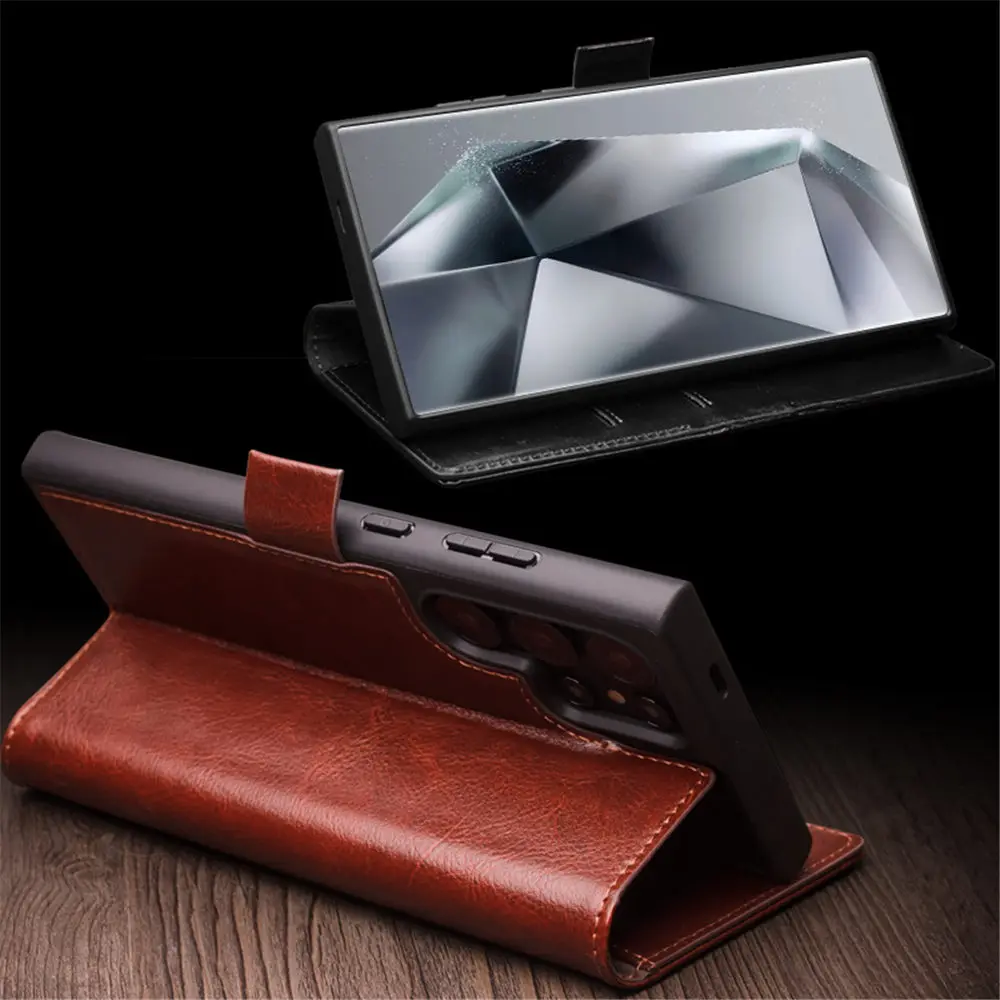 QIALINO Genuine Cowhide Leather Magnetic Flip Case for Samsung Galaxy S24 Ultra S24+ S24 Card Slot Holder Cover