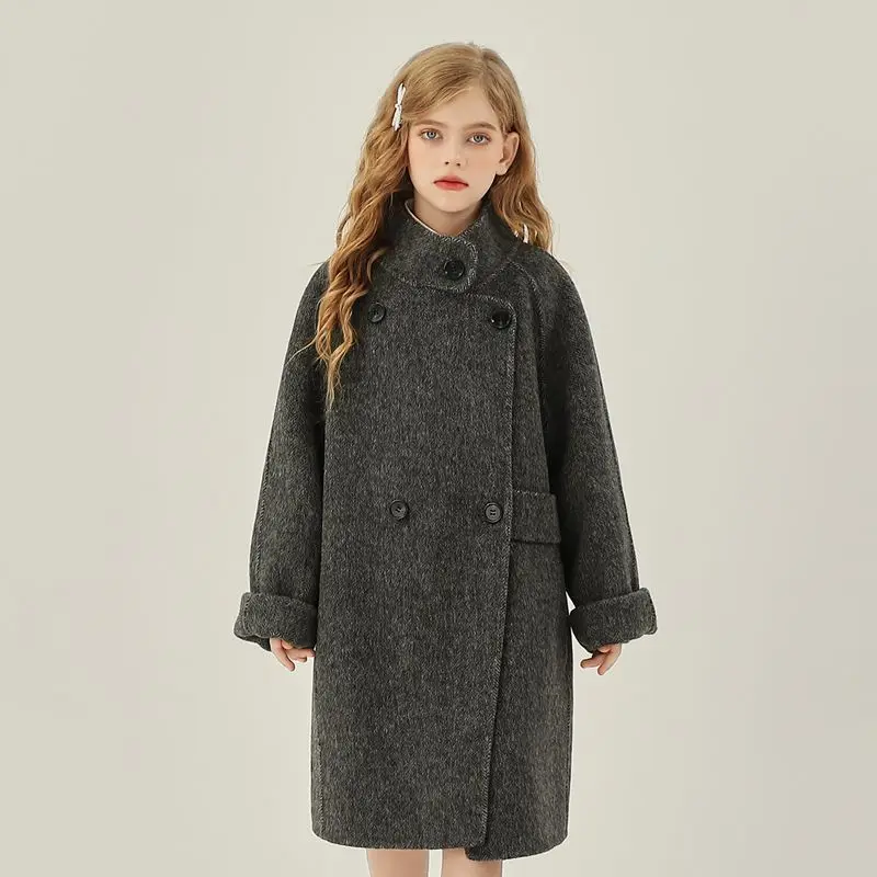 

Korean Autumn Winter Junior Girl Over Coat 4-15Y Teen Girls Solid Stand Collar Coat Trendy Long Outerwear Coat For Children Girl