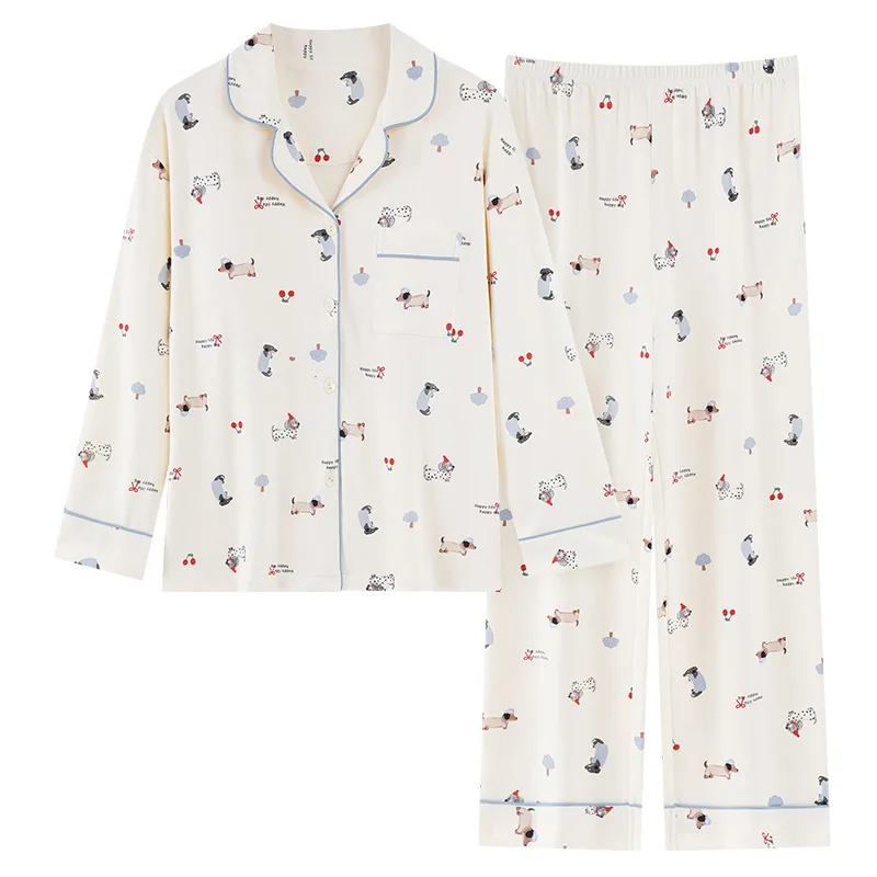 

Spring Autumn Cotton Women's Pajamas Cute Dachshund Print Two Pieces Set Long Sleeve Tops Full Length Pants Sleepwear Lounge 512
