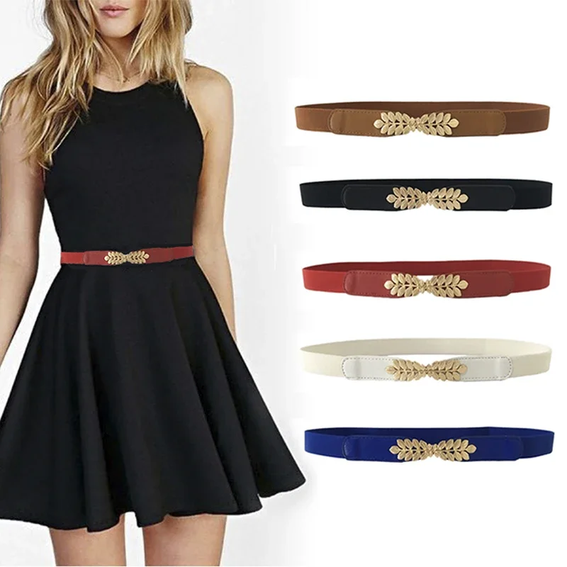 

Fashion Leaf Waistbands Stretchy Lady HOT Elastic Cummerbunds For Women Dark Blue Belt Dress Gold Double Metal Buckle Waistband