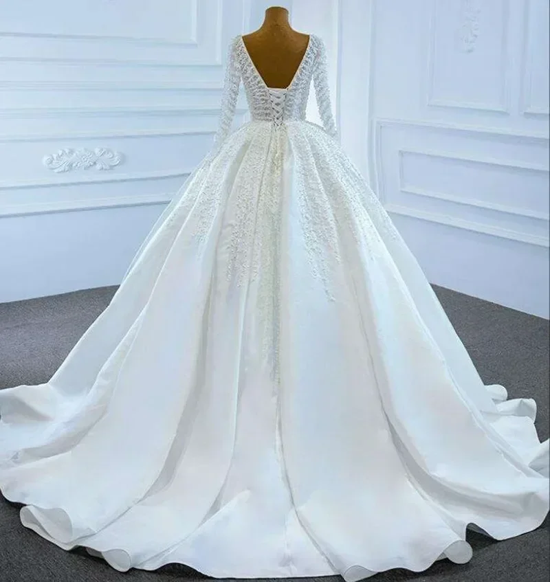 Abito da sposa personalizzato con paillettes pesanti scintillanti e perline Abiti da sposa con maniche lunghe e abito da ballo senza schienale