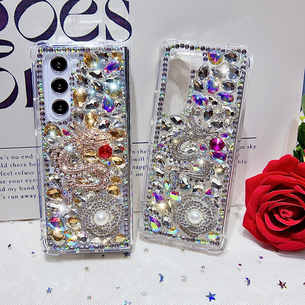 Luxury Diamond Dragon Rhinestone Pearl Flowers Phone Case For Samsung Galaxy Z Fold 5 4 3 2 Full Bling Crystal Clear PC Cover