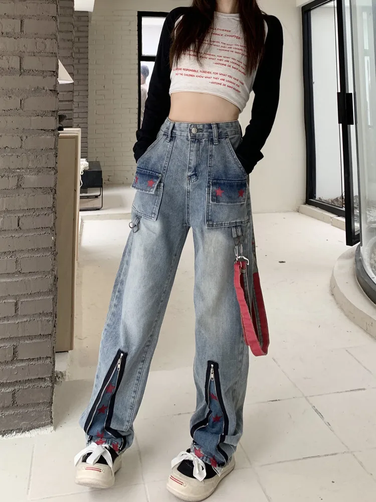 2023 Star Girl Y2K Streetwear Strap Zipper Baggy Cargo Jeans Pants For Women Washed Blue Hip Hop Lady Denim Trousers Ropa Mujer