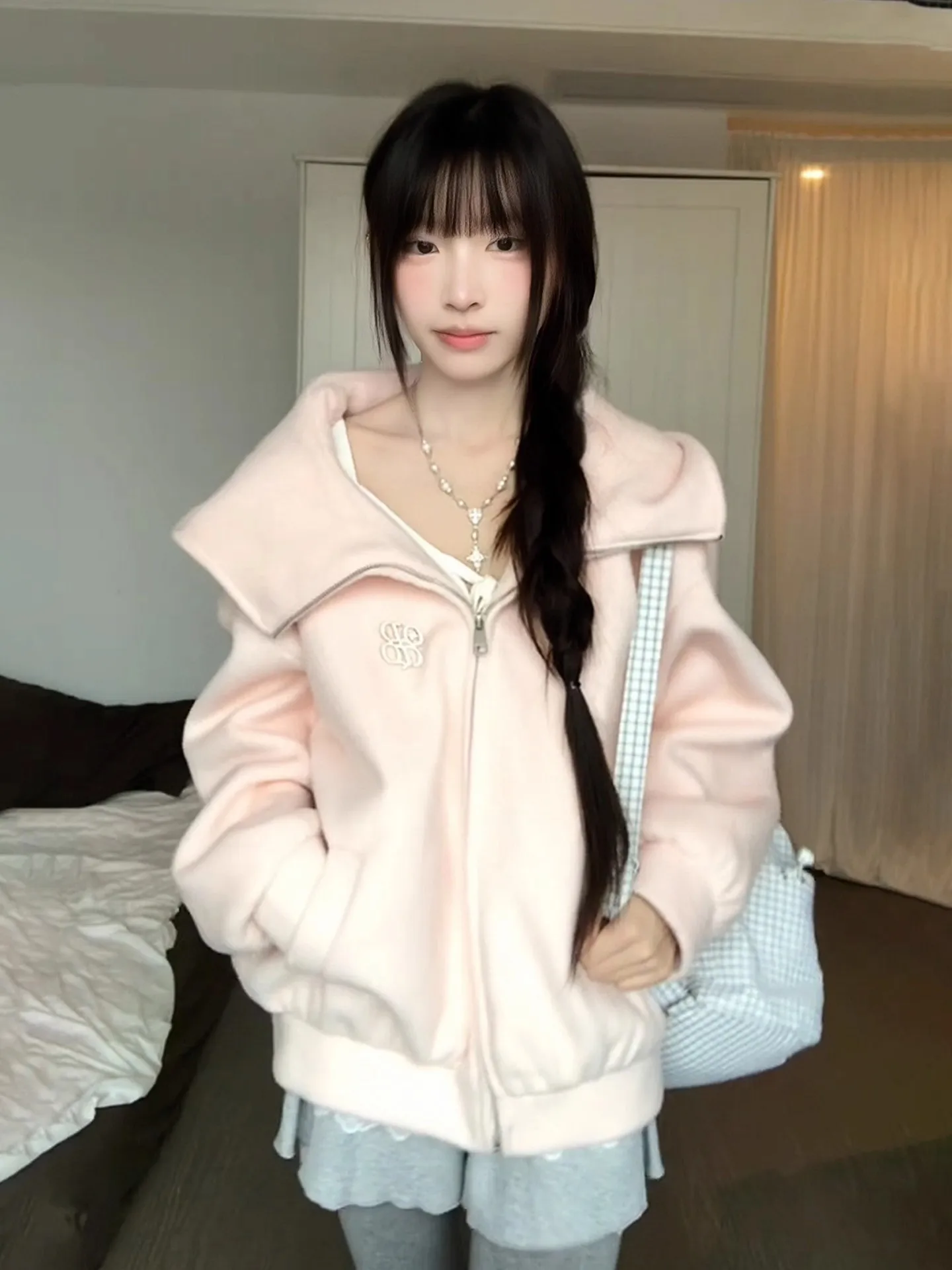 

Розовая женская толстовка-кардиган на молнии с большим воротником, осенне-зимняя, в корейском стиле, для школы и повседневной носки