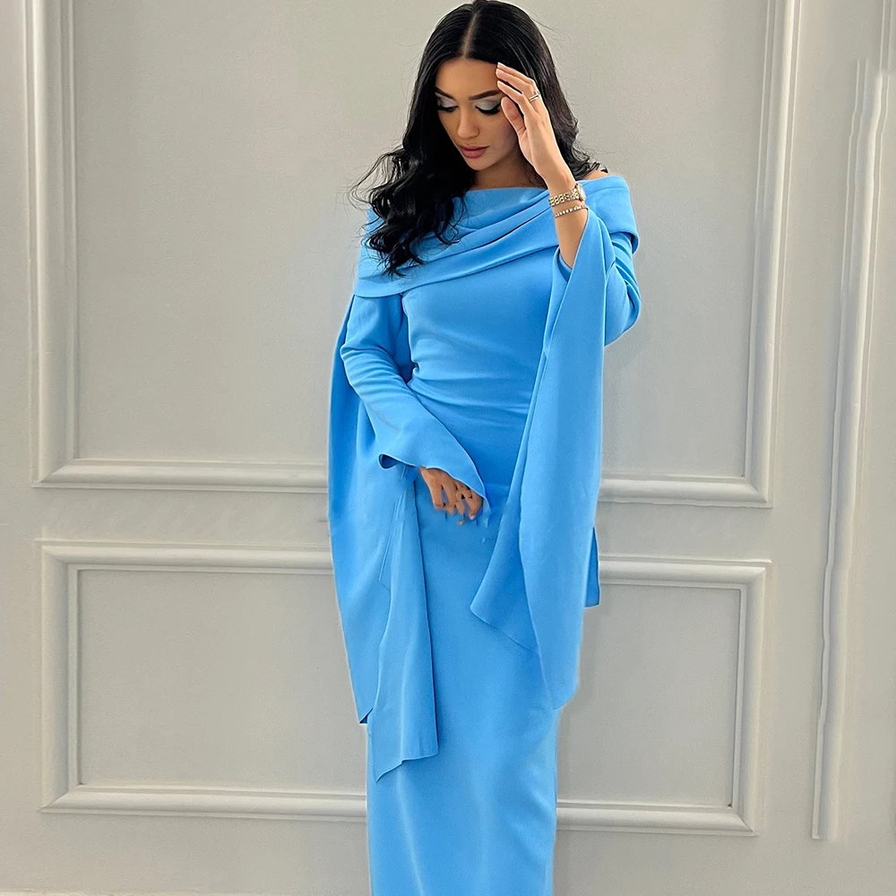 Msikoods Simple Blue Prom Dress With Draped Cape Satin Strapless Long Women Formal Occasions Party Dress Elegant Evening Gown