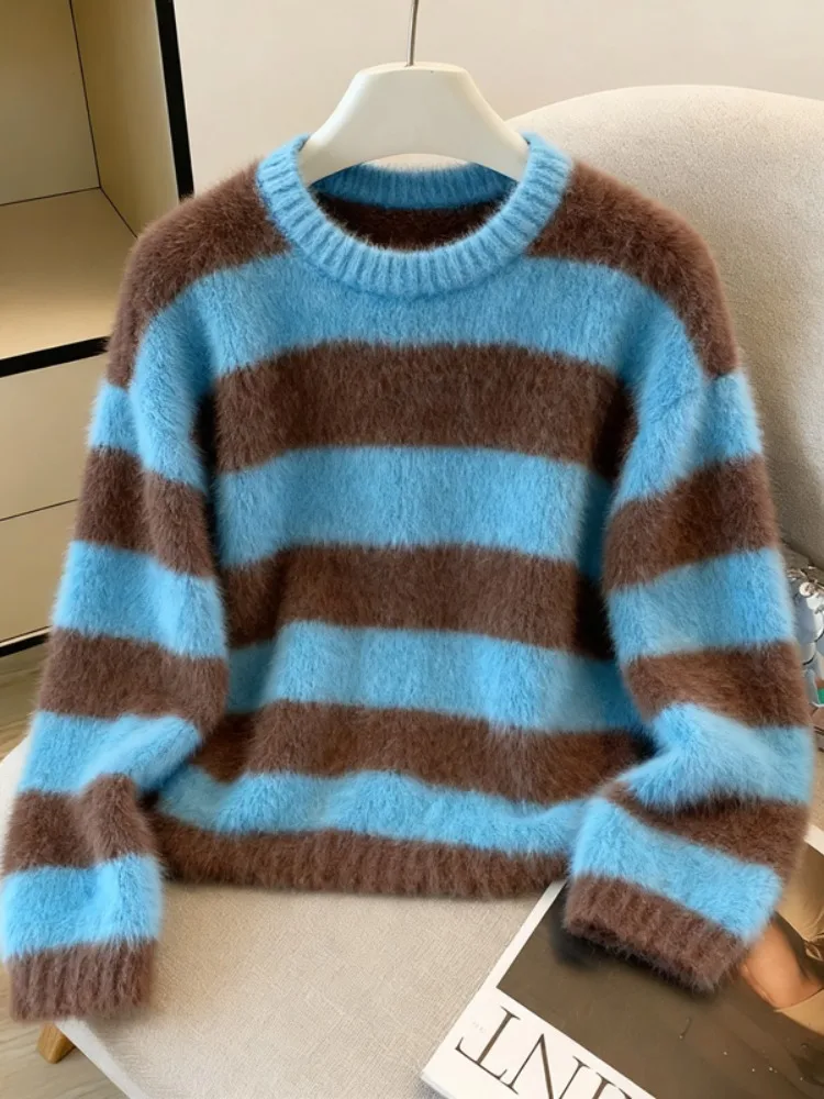 

Шикарный полосатый пуловер с круглым вырезом контрастного цвета, женский свитер в корейском стиле, универсальный свободный трикотаж с длинными рукавами, винтажные топы