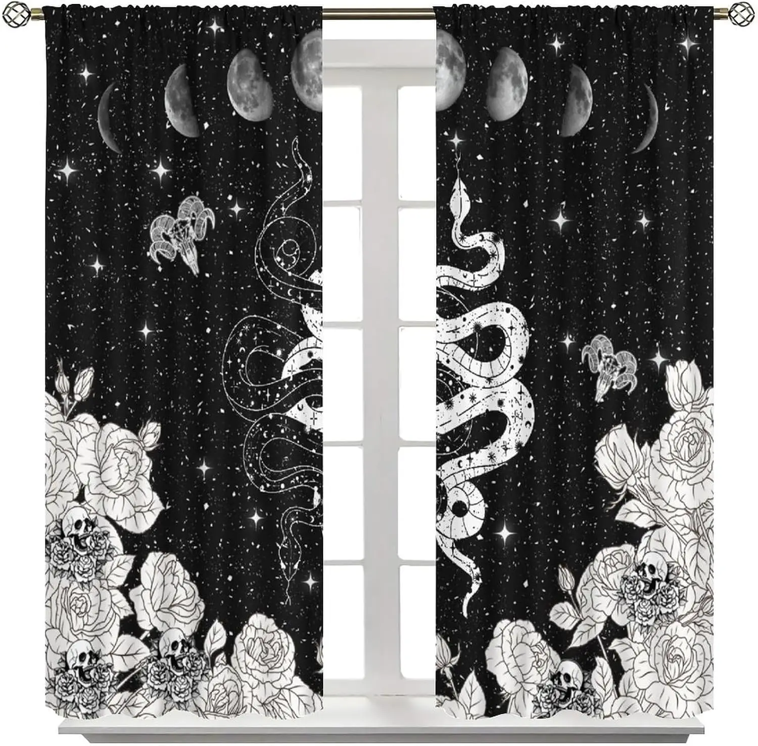 Gothic Witchy Moon Snake Skull Floral Print Curtains Window Curtains Black and White Boho Mystical Decor Bohemian Nursery Bedroo