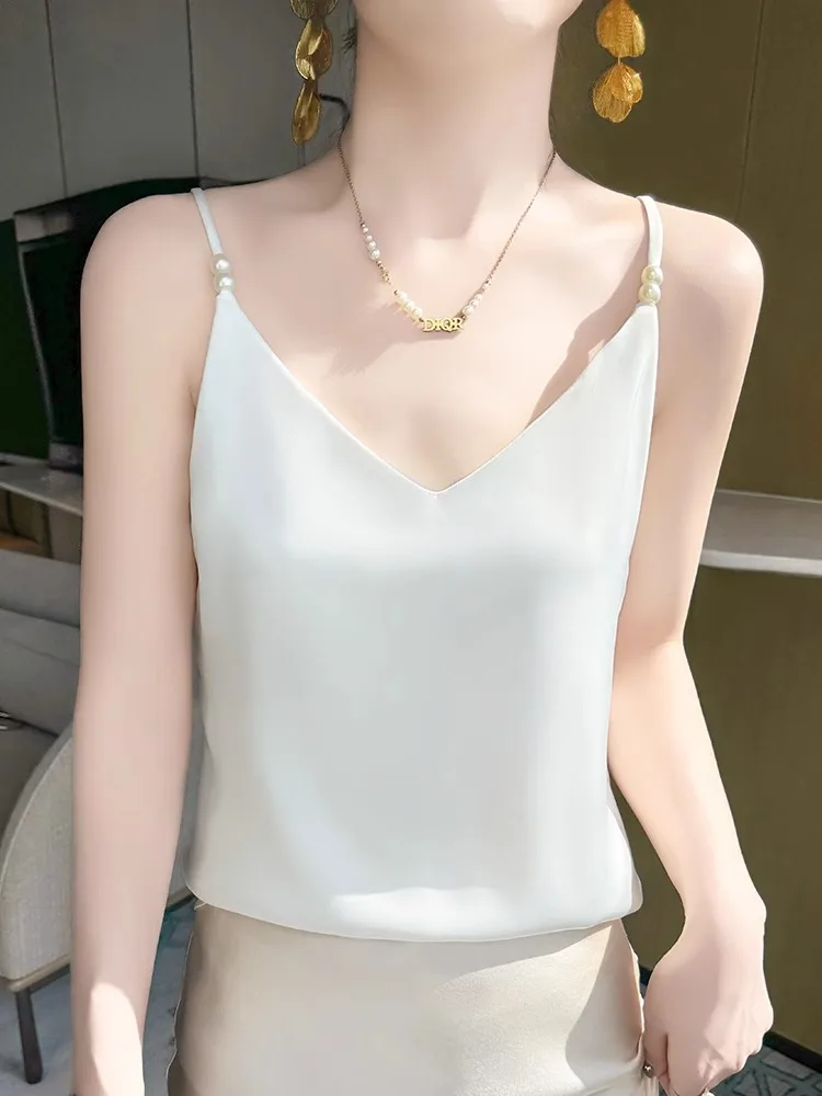 Letnia kolekcja 2025: Damska bluzka na ramiączkach z satyny i acetatu z perłami, mały top typu tank, elegancki dekolt w serek, bielizna kąpielowa, uniwersalny kolor.