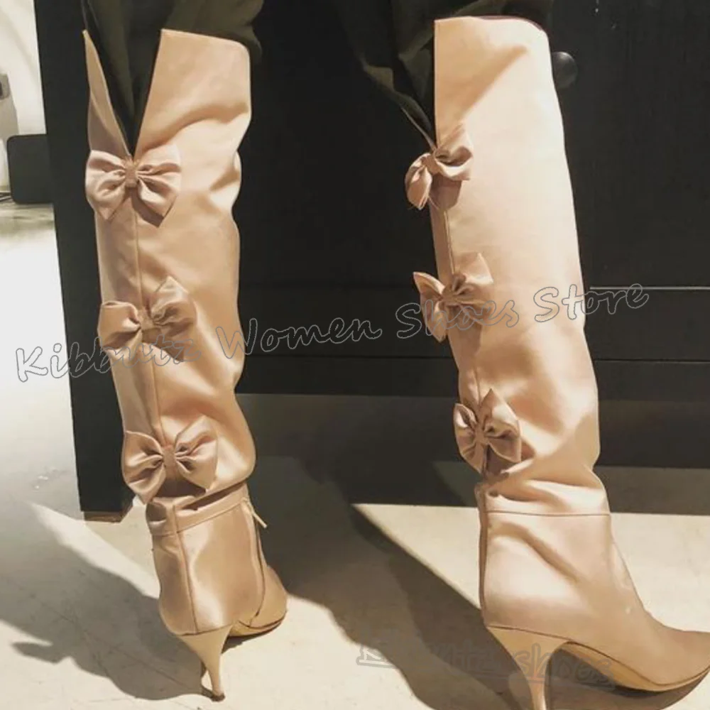 

Knee High Boots Bling Glossy Bows Pointy Kitten Heels Slip-On Novelty Sexy Elegant Comfortable Fashion Spicy Girls Shoes Newest