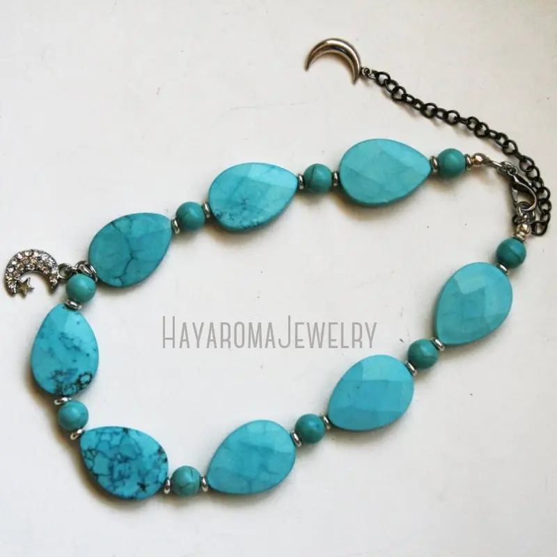 NM43424 Turquoise Howlite Faceted Teardrop Moon Star Beaded Choker Necklace Boho Witch Wicca Southwest Desert Gemstone 