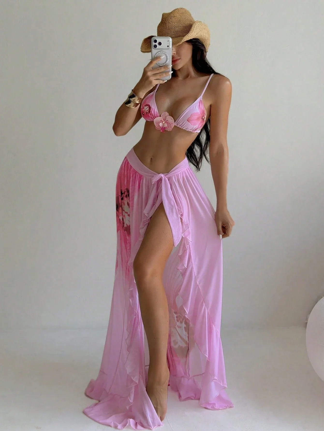 

Pink Floral 3 Piece Bikini Set With Maxi Skirt Cover Up For Women