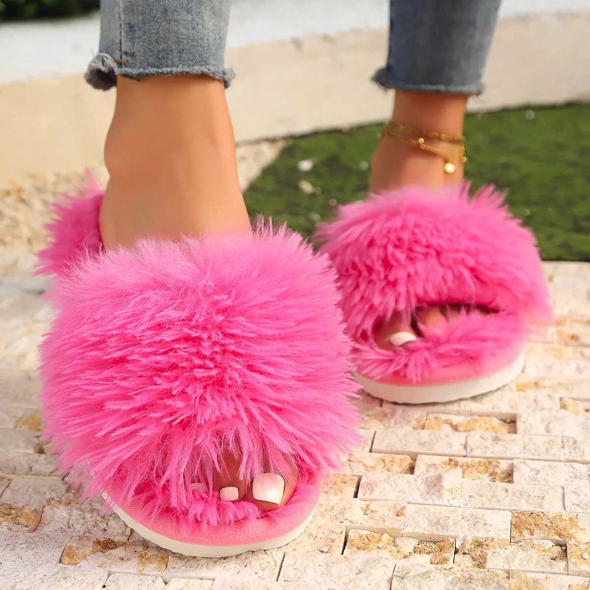 Faux Fur Fluffy Slippers For Women Winter Warm Shoes Soft Plush Light Weight EVA Sole Female Indoor Home Floor Cotton Slides