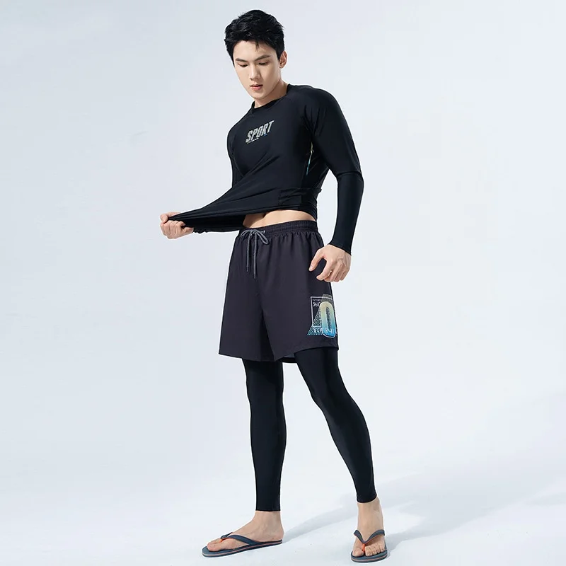 Men Two Pieces Outdoor WaterProof Sports Beach Surfing Swim Rash Guard UPF50+Sun Protection Long Sleeve Quick-Dry Bathing Suit