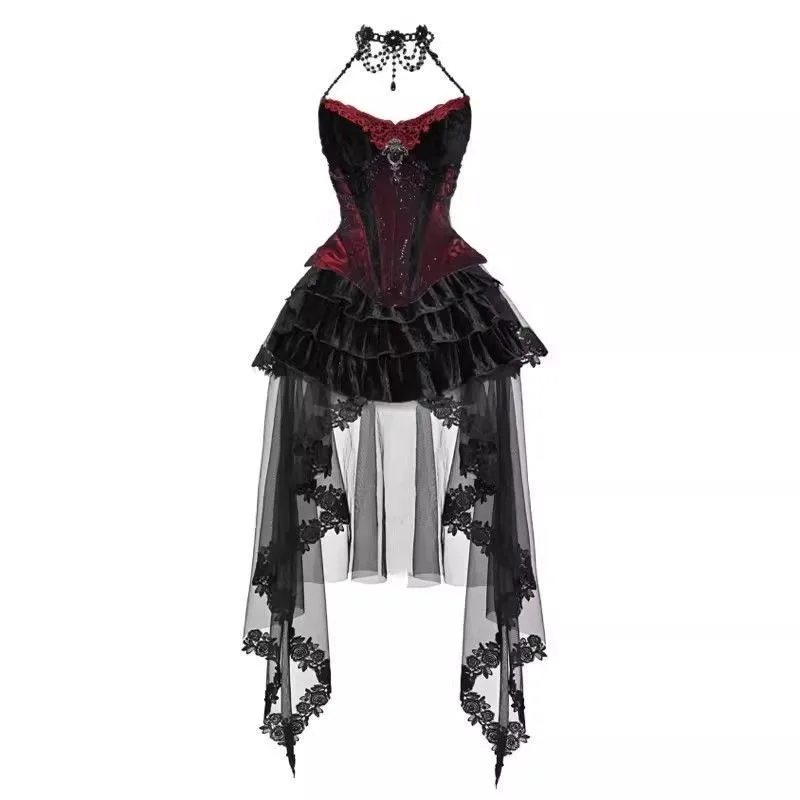 

Новинка 2026: Винтажный готический топ-корсет из бархата с эффектом утяжки и юбка-фалдс с завышенной талией для женщин в стиле «Герцогиня»