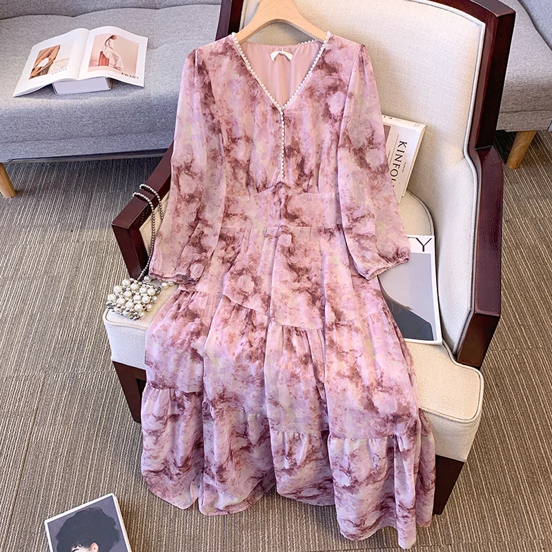 

150Kg Plus Size Women's Bust 147 Summer Loose V-Neck Floral A-Line Waist Cinched Mid Length Dress 5XL 6XL 7XL 8XL 9XL