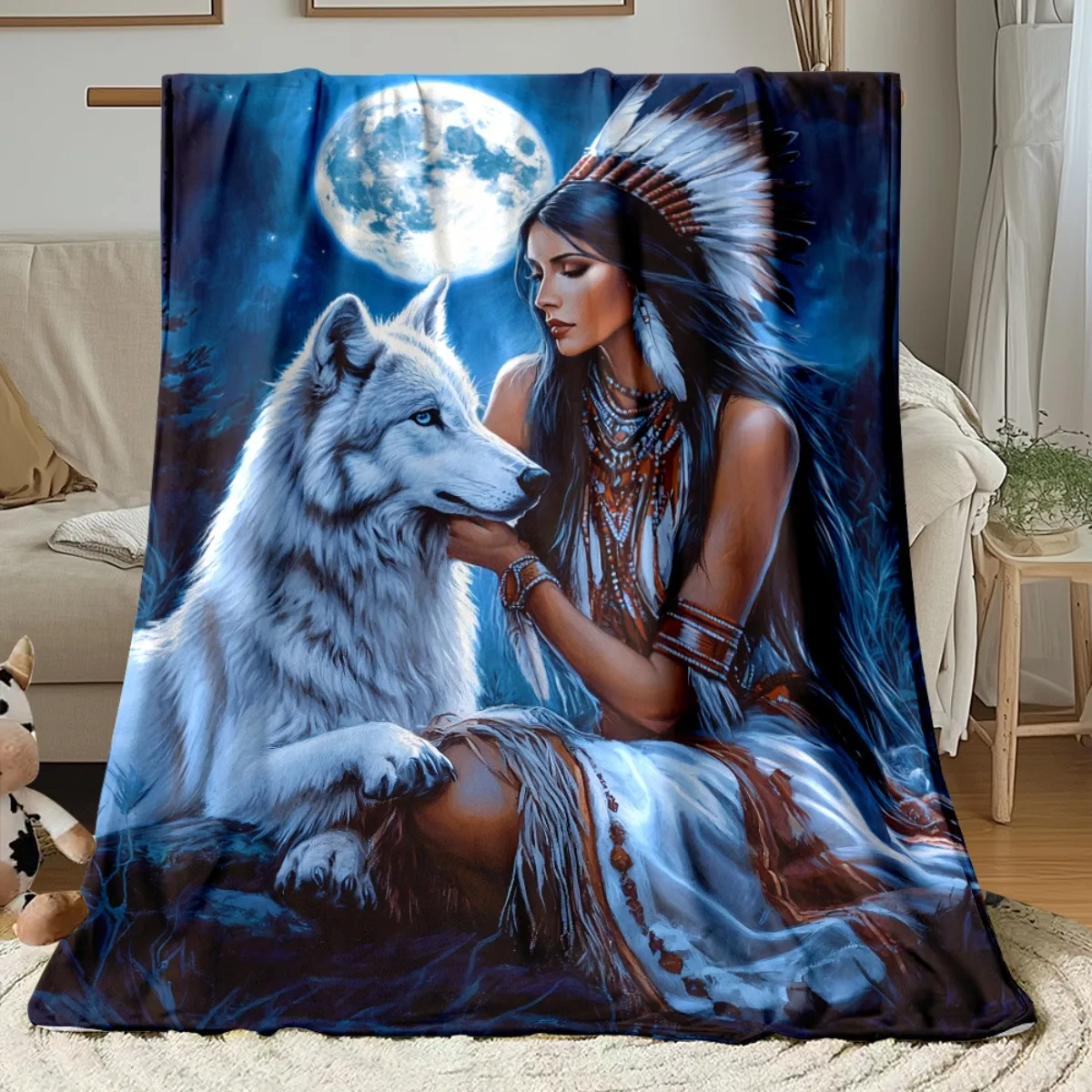 1pc Lady and Wolf Theme Blanket- Lightweight Throw for Sofa, Outdoor, Camping, Livingroom, Office, Chair, and Bed - Digital Prin