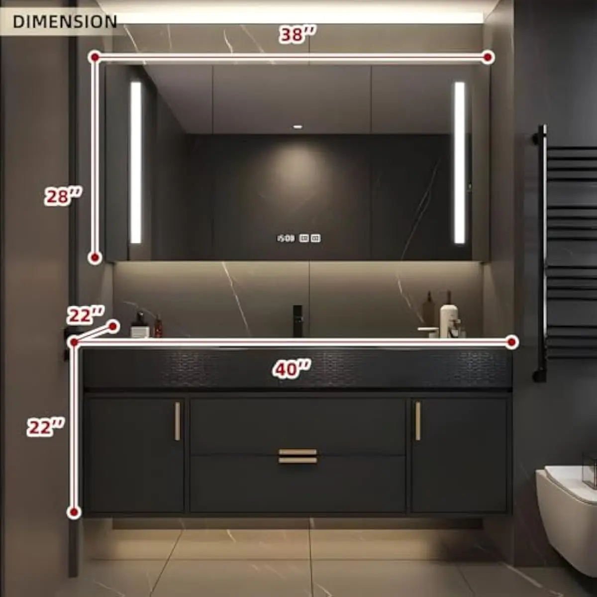 Floating Bathroom Vanity with Integrated One-Piece Sink and LED Defogging Mirror Cabinet, Solid Wood Construction, Two-Drawer St