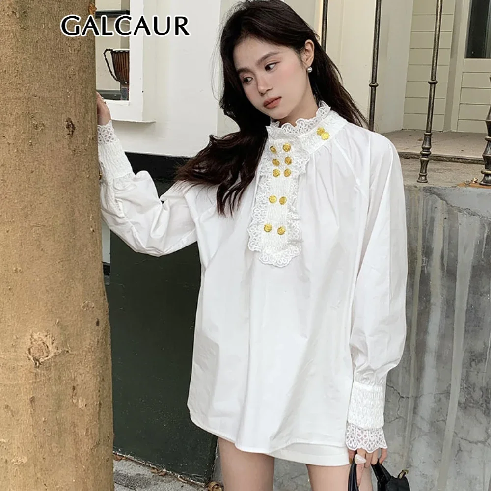 GALCAUR Solid Fashion Spliced Ruffles Blouse for Women Stand Neck Long Sleeve Patchwork Button Temperament Top Female Clothing