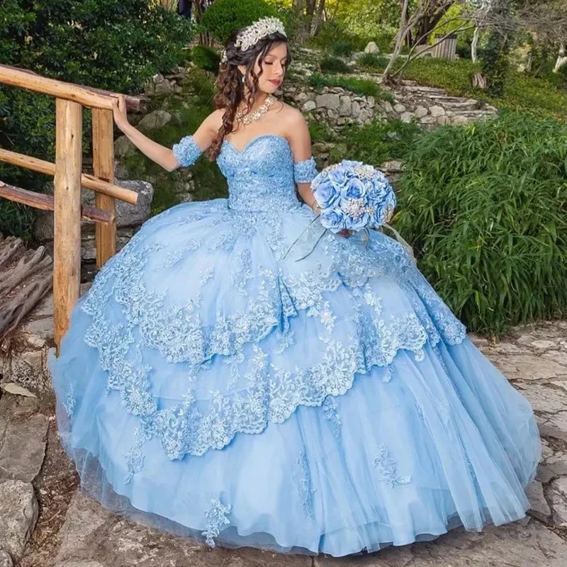 

ANGELSBRIDEP Light Sky Blue Quinceanera Dresses Detachable Sleeves Lace Appliques Sequed Princess Ball Gown Sweet 15 Dress NEW