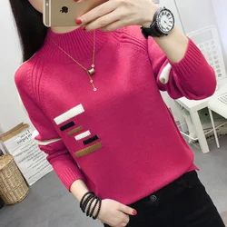 2024 Autumn Fashion Half High Collar Knitted Spliced Loose Sweater Women Clothing Oversized Casual Pullovers Tops Jumper Sweater