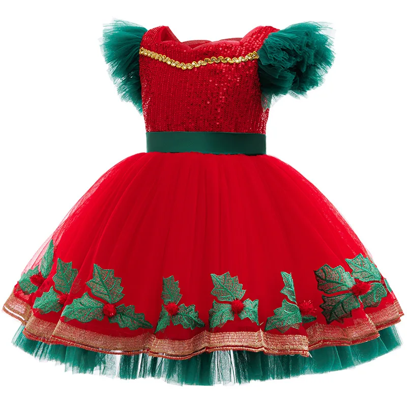 

Christmas Dresses Girl Princess Party Dress Children Red and Green Sequined Mesh Puff Carnival Ball Gown Elegant dress for girl