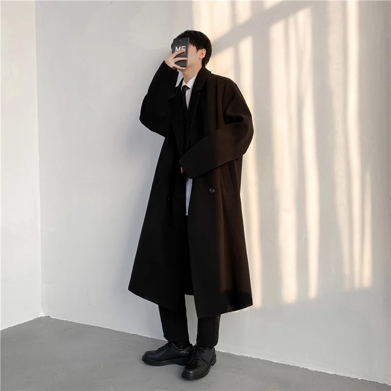 

Winter Korean Fashion Heavy Woolen Overcoat for Men Medium Long Hong Kong Overcoat Knee Length Trend Solid Cotton Men Jacket