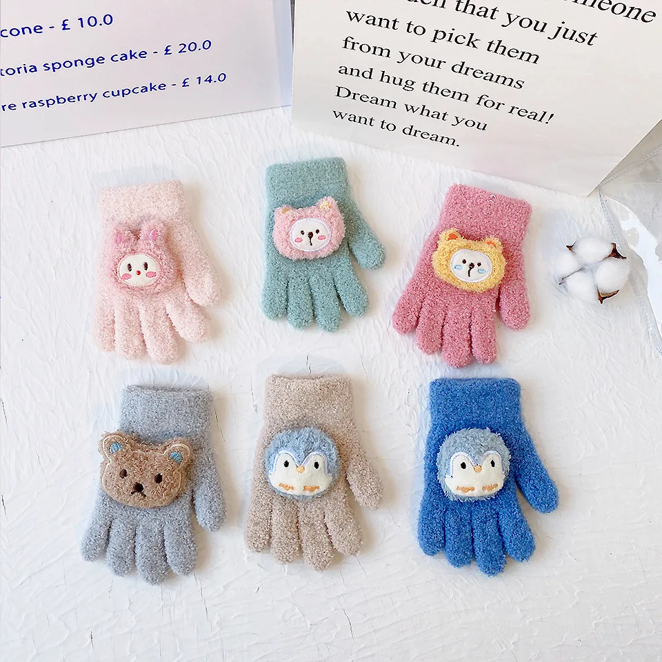 Korean Cartoon Kid's Gloves in Winter Warm and Cold All Refers to Children in Kindergarten Boys and Girls Write Five Finger