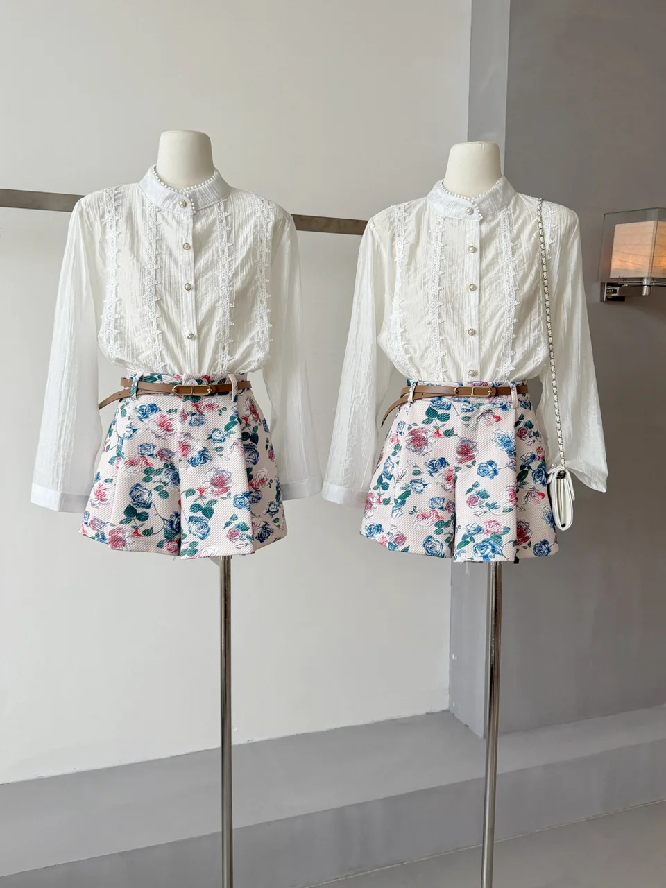 Women's Spring Autumn Elegant Two Pieces Shorts Set Lady Half High Collar Long Sleeve Shirt + High Waist Wide Leg Floral Shorts