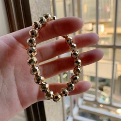 Natural Gold Pyrite Stone Faceted Beads Bracelet 8mm Pyrite Crystal Wrist Ornament Dropship