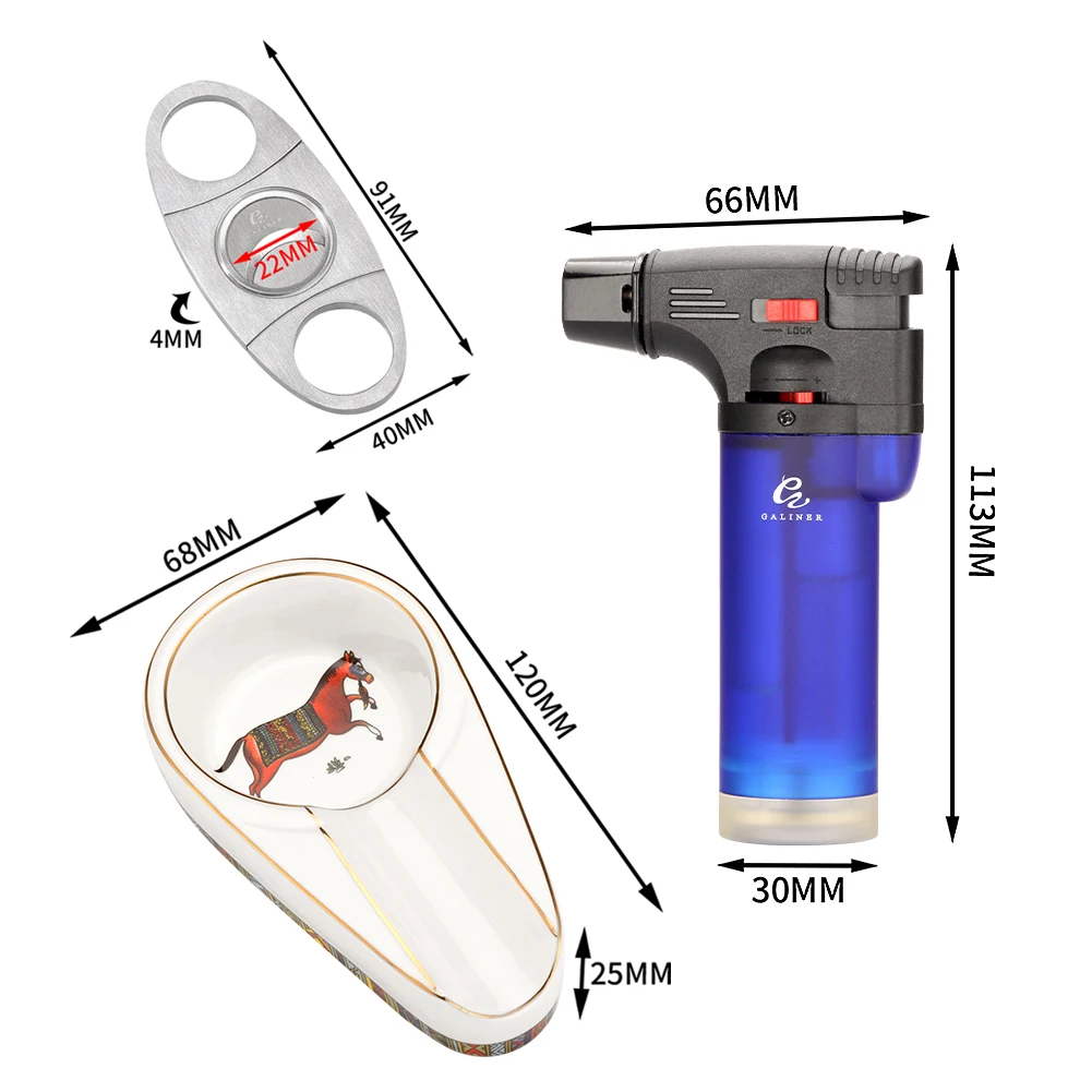 GALINER Plastic 1 Torch Lighter Cigar Cutter Guillotine Portable Home Ceramic Ashtray Cigar Accessories Set 3PCS Smoking Tool