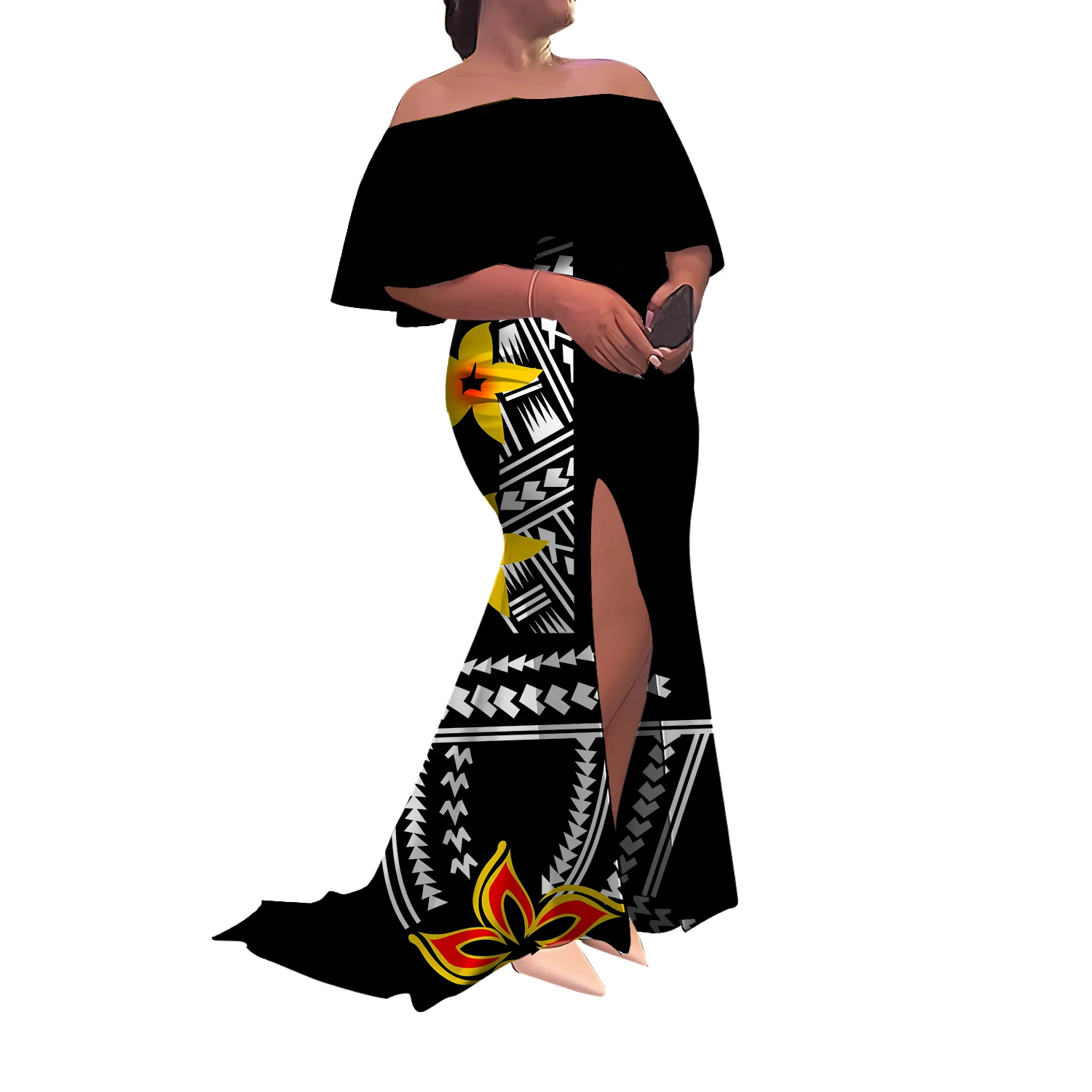 High-Quality Semi-Printed One-Shoulder Slit Long Floor-Length Polynesian Women'S Dress Custom-Made Fitted Fishtail Dress