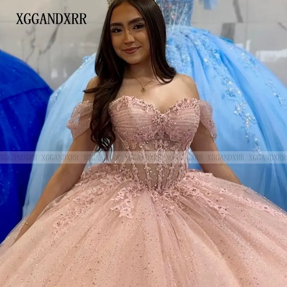 Robe De bal rose personnalisée, épaules dénudées, robes De Quinceanera, chérie, fleur, douce 16, robe De concours De 15 Anos, 2026