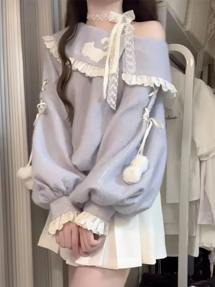 Japanese Vintage Sweet Knit Lovely 2 Piece Sets Women Cute Bow Design Y2k Pullovers + Pleated Skirt Korean Kawaii Fairy Outfits