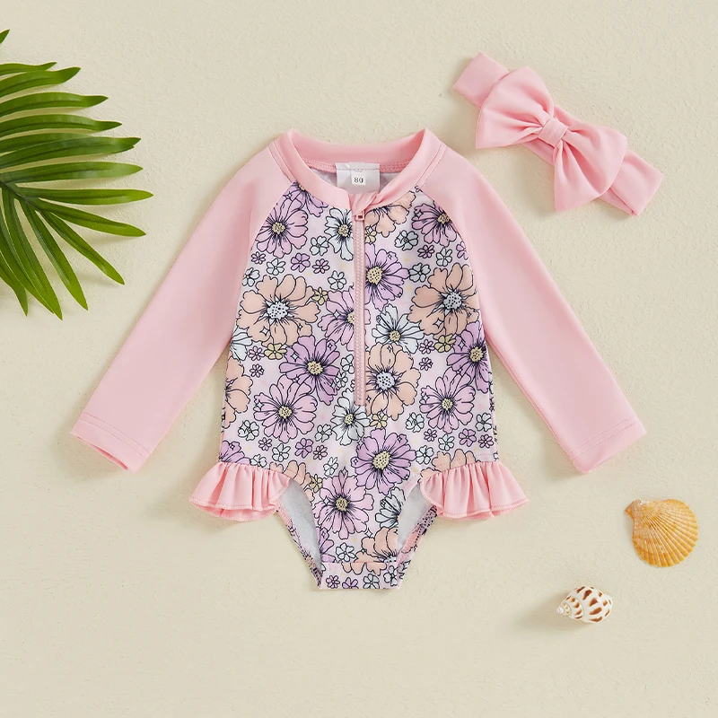 

Kids Girl Long Sleeve Swimsuits Floral Print Ruffled Zipper Rash Guard Swimwear and Bow Headband Set for Beachwear