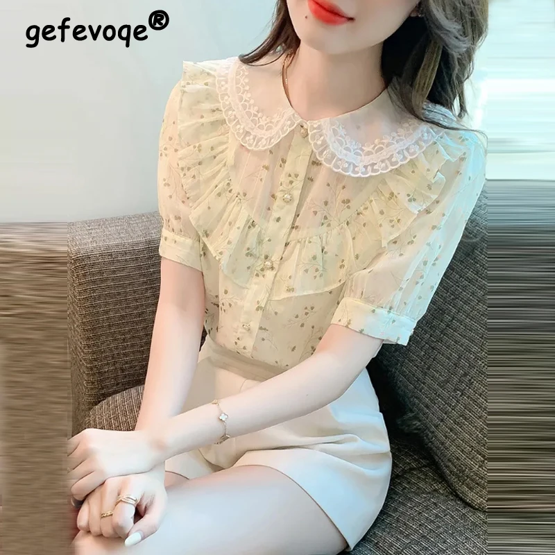 Women Summer Trendy Ruffle Lace Patchwork Button Up Shirt Elegant Chic Sweet Chiffon Blouse Casual Short Sleeve Loose Fairy Tops