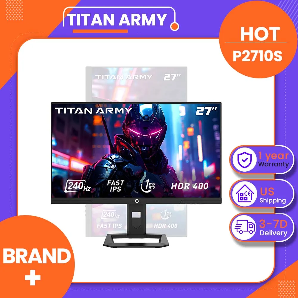 TITAN ARMY P2710S 27" QHD Gaming Monitor, Fast IPS Panel, 240Hz Refresh Rate, 1ms GTG, Adaptive Sync, 95% DCI-P3, 1.07 Billion Colors, Low Blue Light, PIP/PBP, Ergonomic Rotating Stand for Gaming & Design