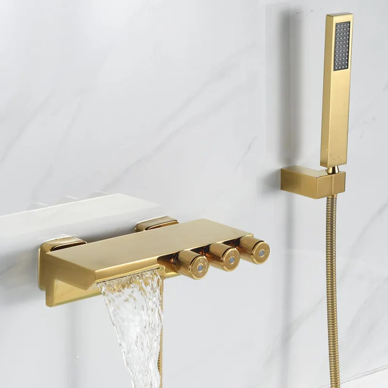 

Gold Brass Bath Bathtub Shower Faucets Set Hot & Cold Mixer 3 Handles Bathroom Taps With Handheld Wall Mount Chrome/Black/White