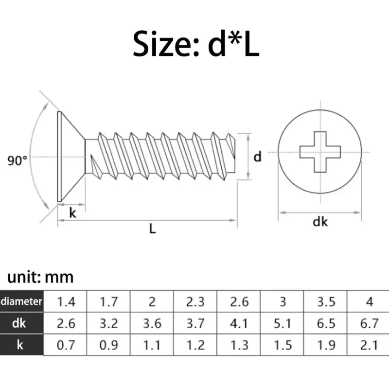 304 Stainless Steel Countersunk Self Tapping Screws Phillips Cross Drive Flat Point M1-M6