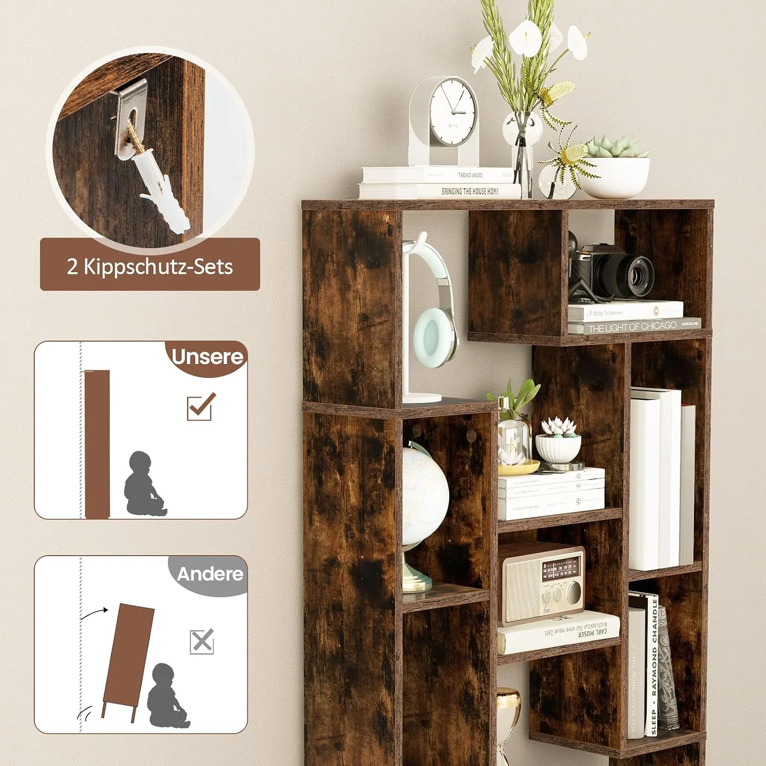 120 cm großes Bücherregal mit 9 Fächern, Standregal, Raumteiler, Mehrzweckregal, Holz, Lagerregal mit Neigungsschutz – Detail 4