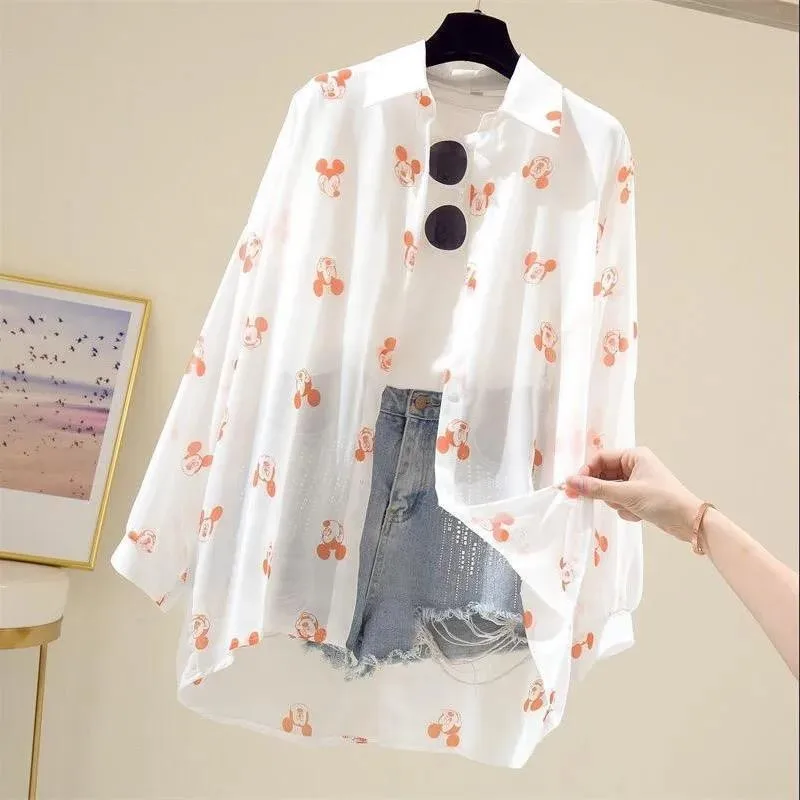 New Cartoon fashion Mickey Sunscreen Shirt Women\'s Spring Summer Korean Edition Long Sleeve T-Shirt Loose Thin Shirt Cardigan