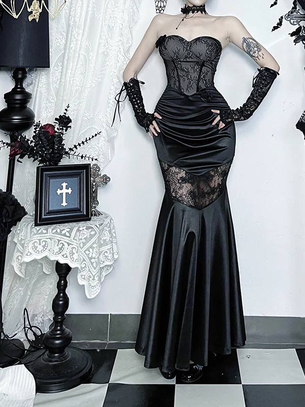 

Gothic Lace Long Dr loween Costume Ball Gown High Waist Zipper Bal k Romantic Sle Women's Sexy Formal Dr