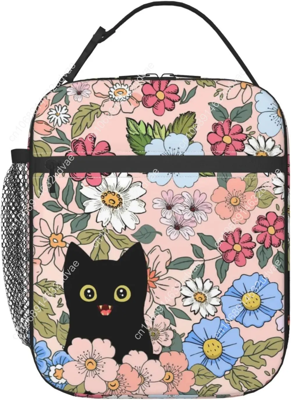 Black Cat Lunch Box Funny Cat Lunch Bag Kids Teen Girls Women Adult Cooler Insulated Floral Lunch Bag for School Work Travel