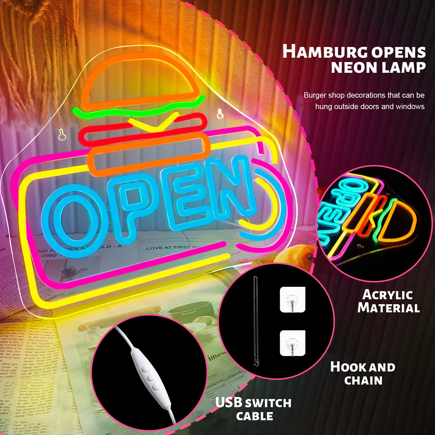 Burgers Open Neon Sign Hamburger Neon LED Sign Fast Food Business Opening Room Decoration For Restaurant Kitchen Party Wall Lamp