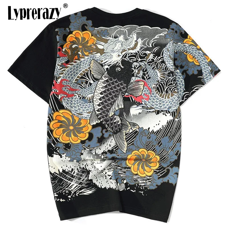 

Lyprerazy Chinese Style T Shirt Wave Flower Carp fish Dragon Embroidery Tops Tees Streetwear Cotton Hip Hop Print T-Shirt